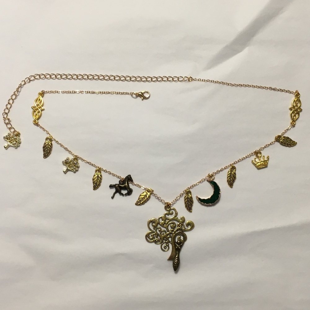 Danu Celtic Forest Goddess Handmade Necklace, Gold Tree, Green Druzy Moon, Crown - Picture 11 of 15